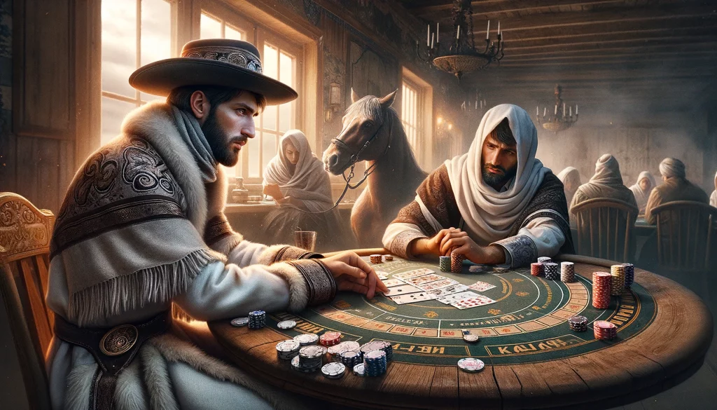 Два привабливих арабських чоловіка, сидять за покерним столом у казино і тримають в руках карти